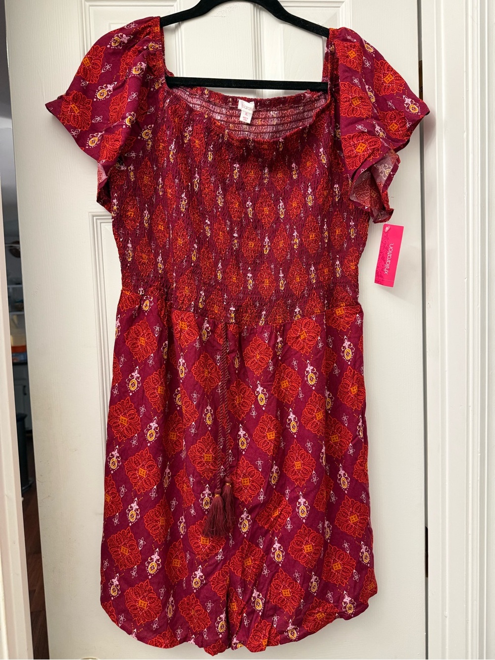 Boho Smocked Batik Jumper in Deep Magenta and Orange NWT - XL